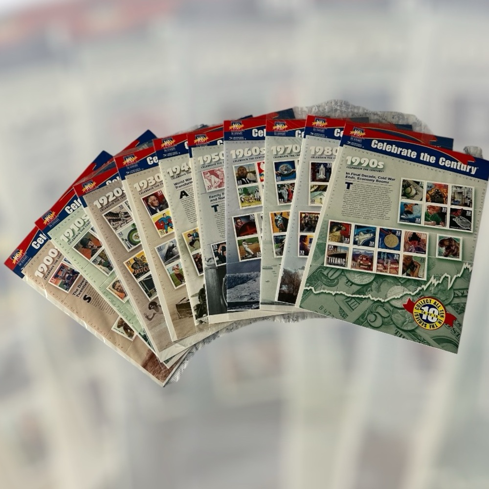 Celebrate The Century Complete Stamp Sets, 10 Decades from the 1900s NWT
